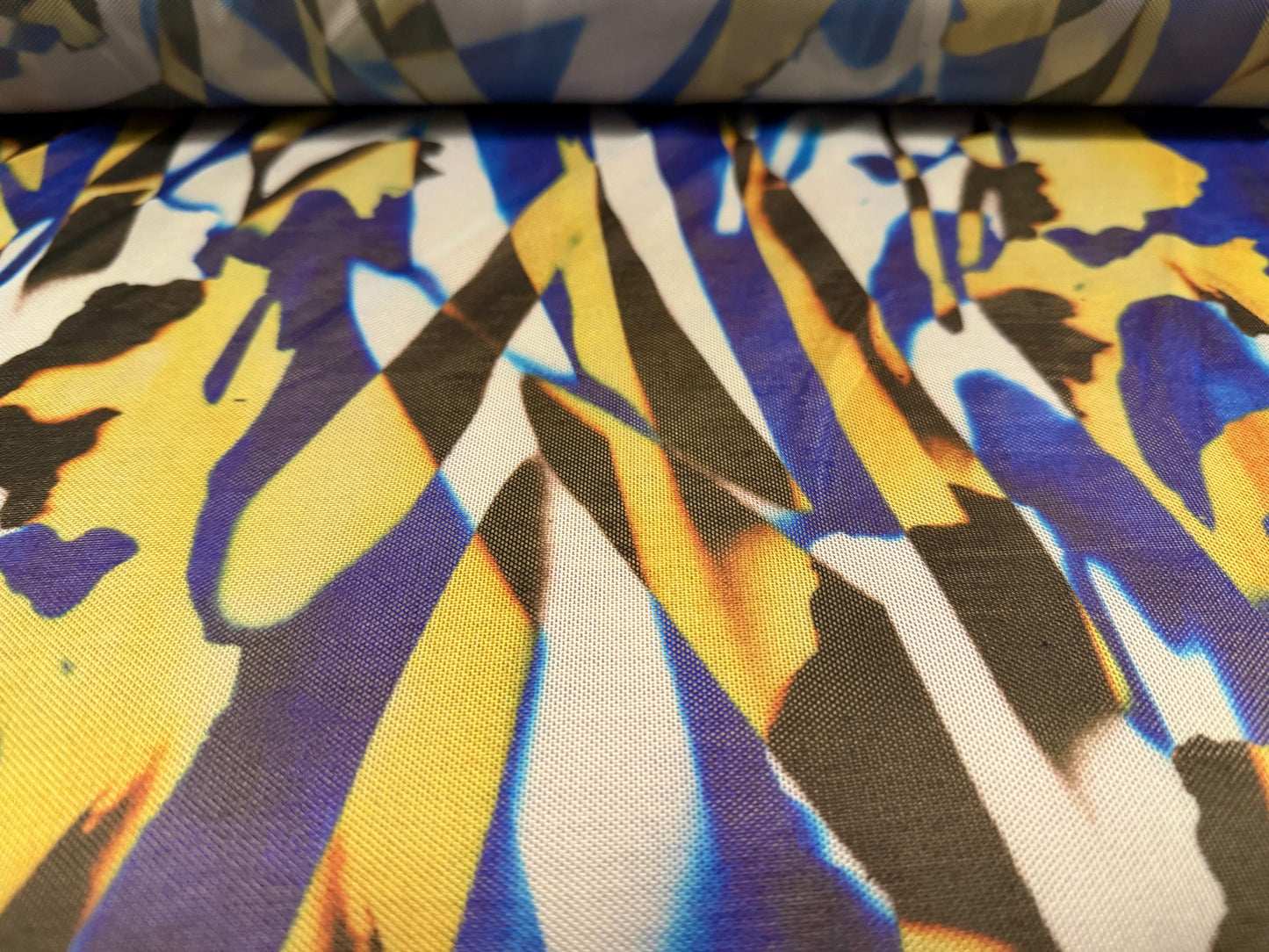 Power mesh net stretch spandex fabric, per metre - distressed tiger print - cobalt blue & gold