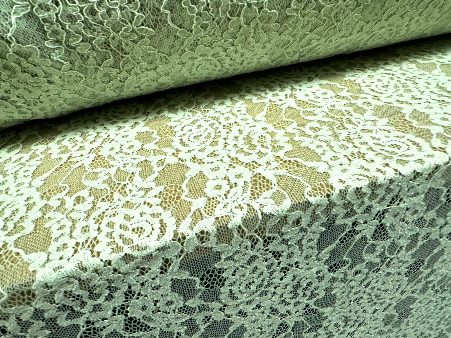 Lace dress fabric, per metre - floral rose design - mint green