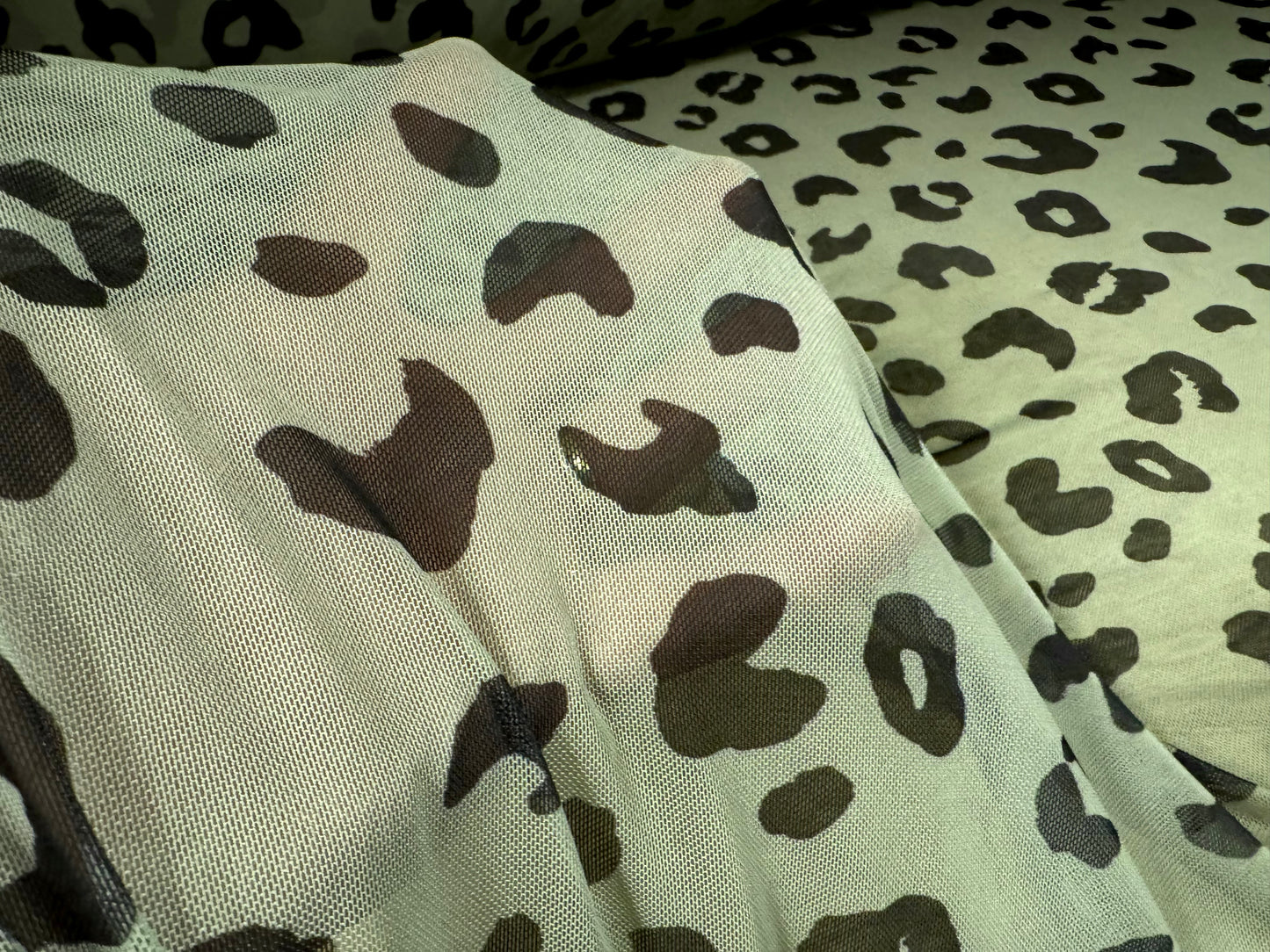 Power mesh net stretch spandex fabric, per metre - cheetah animal print - sage green