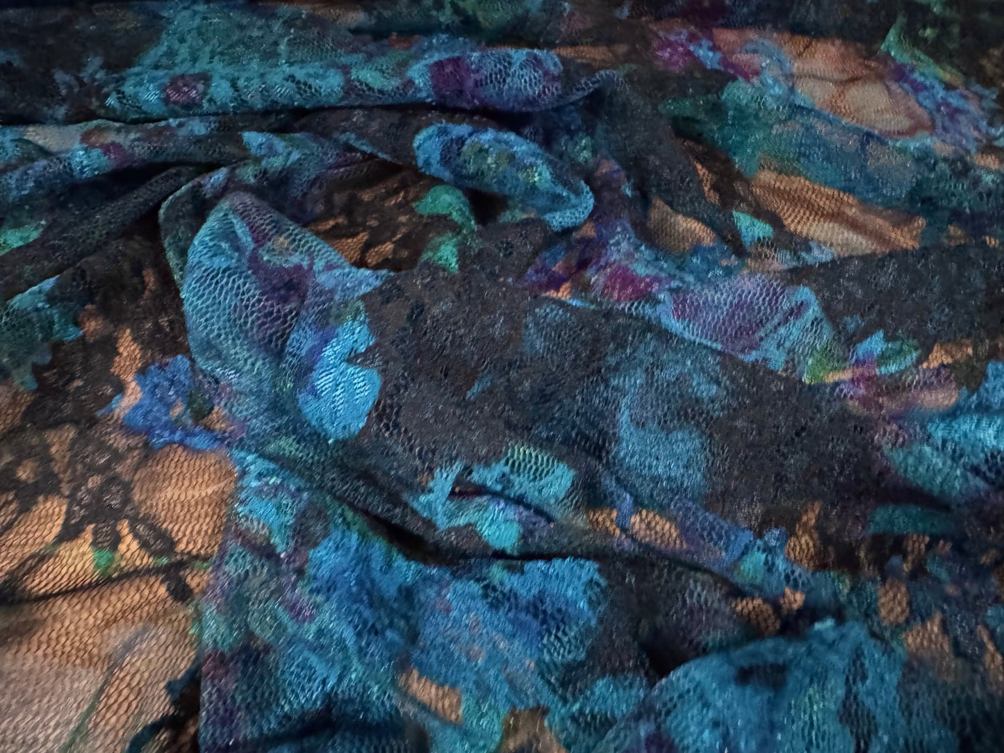 Stretch spandex mesh lace fabric, per metre - floral print - turquoise black & purple