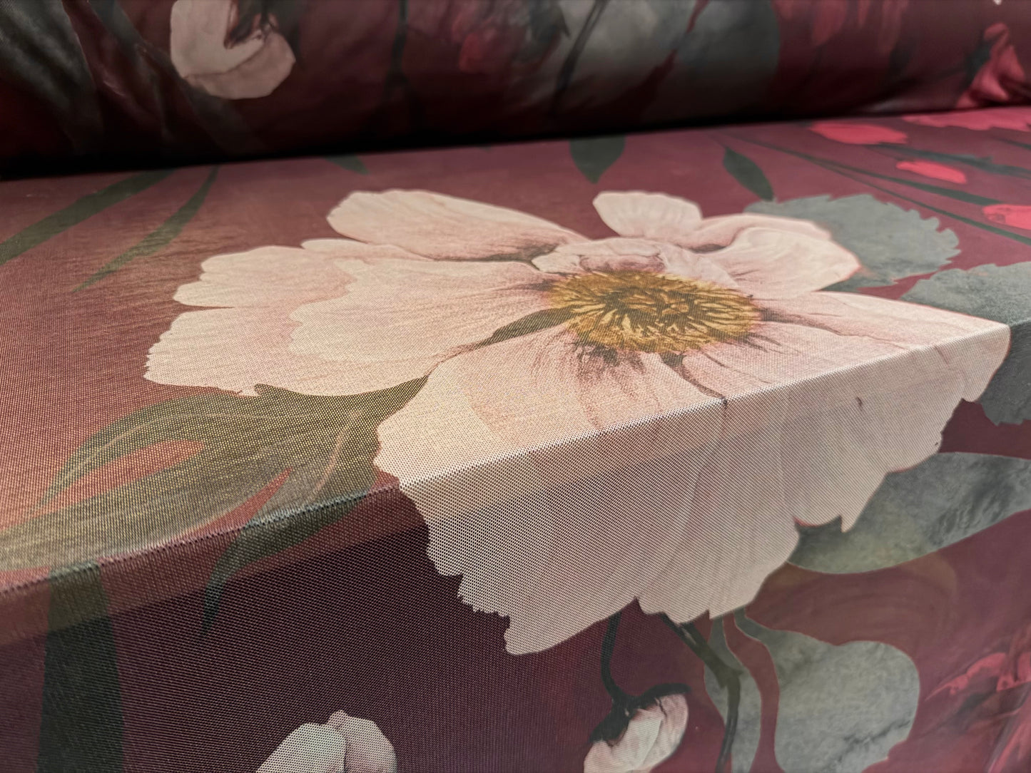 Power mesh net stretch spandex fabric, per metre - anemone flower print - dark plum