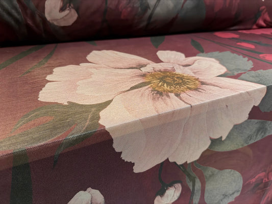 Power mesh net stretch spandex fabric, per metre - anemone flower print - dark plum