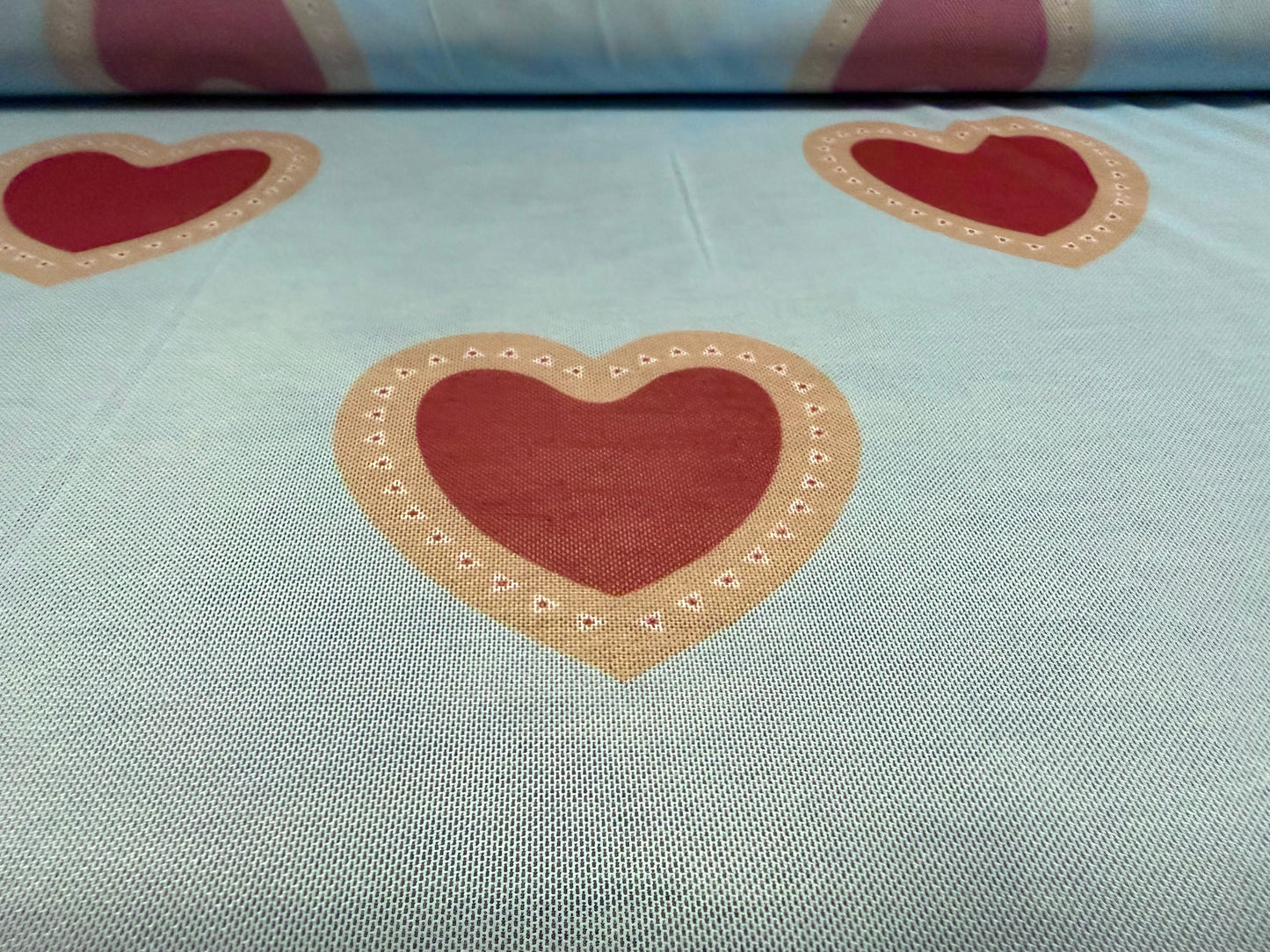 Power mesh net stretch spandex fabric, per metre - love heart print - sky blue & red