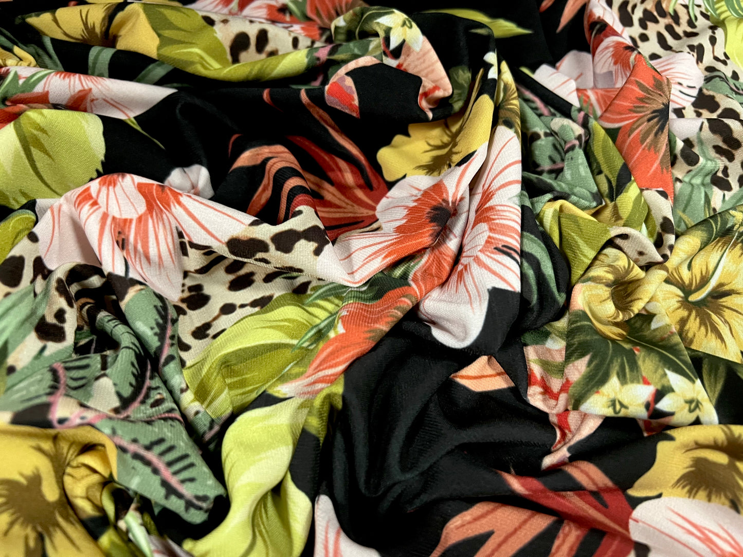 Soft touch stretch spandex single jersey fabric, per metre - exotic flower print - multicolour