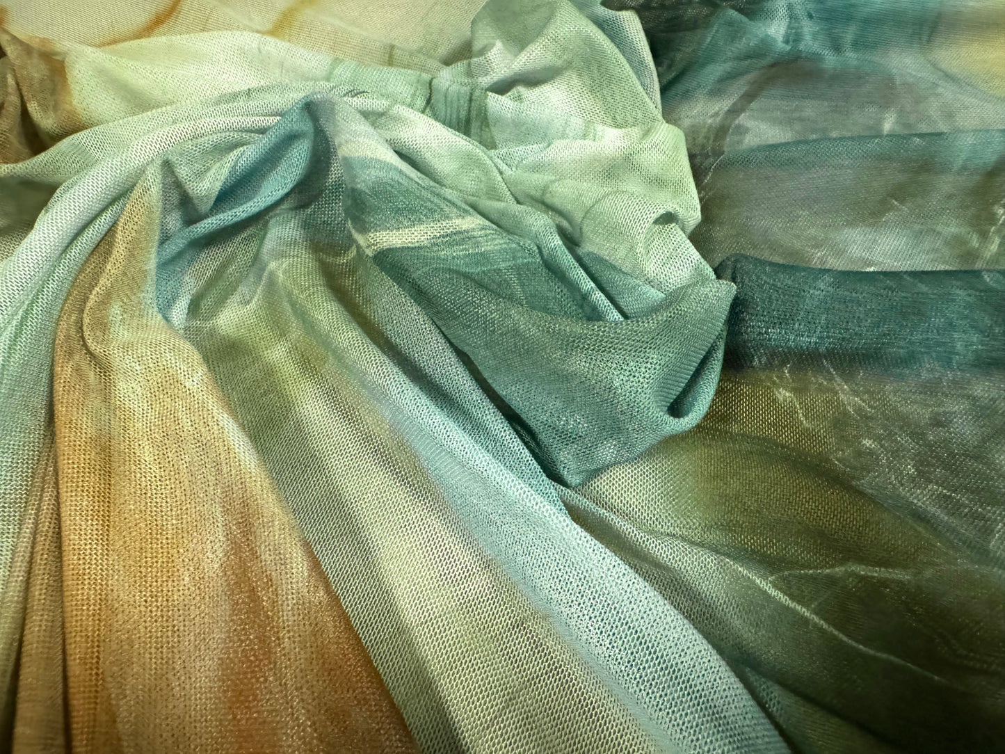 Power mesh net stretch spandex fabric, per metre - quartz print - jade turquoise & terracotta