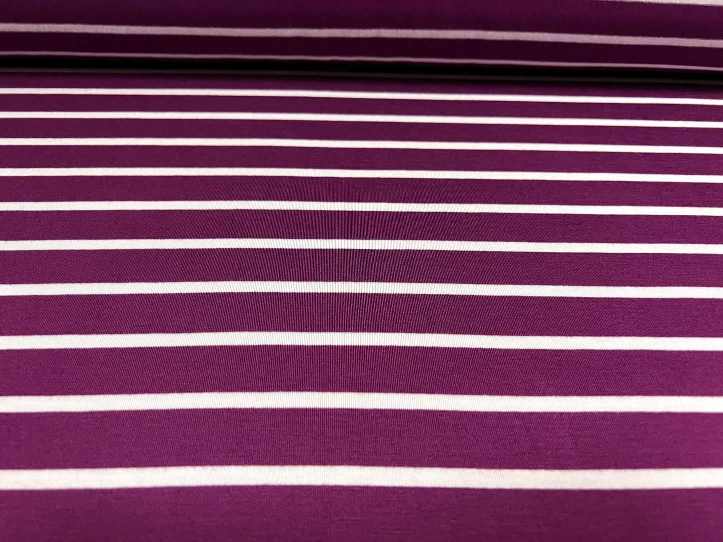 Viscose spandex stretch single jersey fabric, per metre - stripe - plum & white