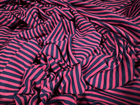 Viscose spandex stretch single jersey fabric, per metre - Breton stripe - navy & cerise pink