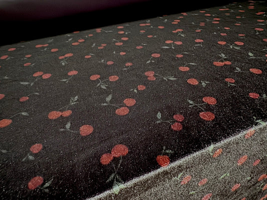Spandex velvet stretch dress fabric, per metre - cherry print - black & dark red