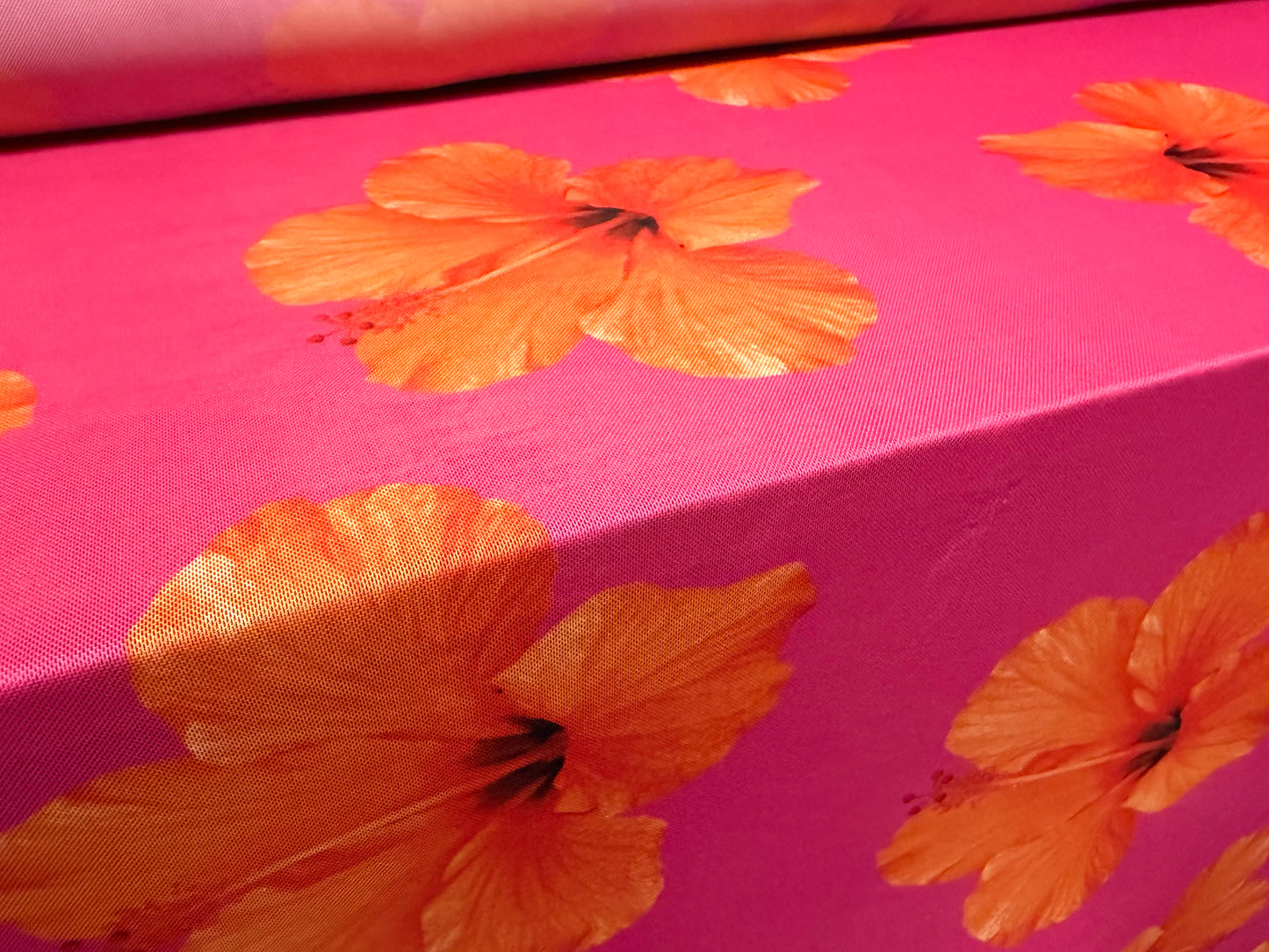Power mesh net stretch spandex fabric, per metre - hibiscus blossom - hot pink & orange