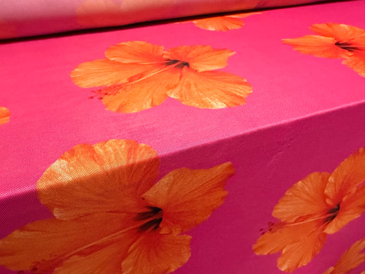 Power mesh net stretch spandex fabric, per metre - hibiscus blossom - hot pink & orange