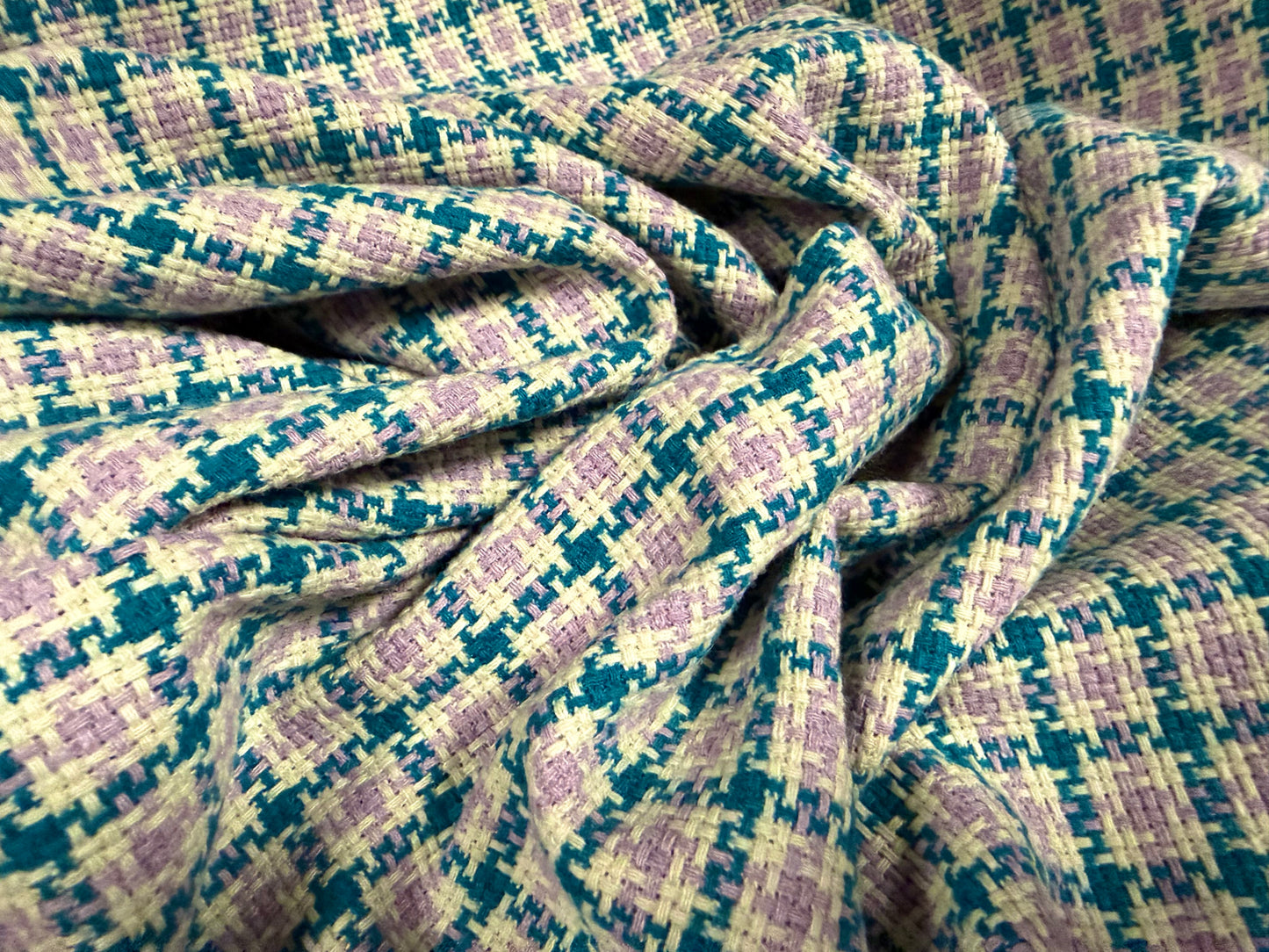 Heavyweight wool bouclé fabric, per metre - check - lilac & teal