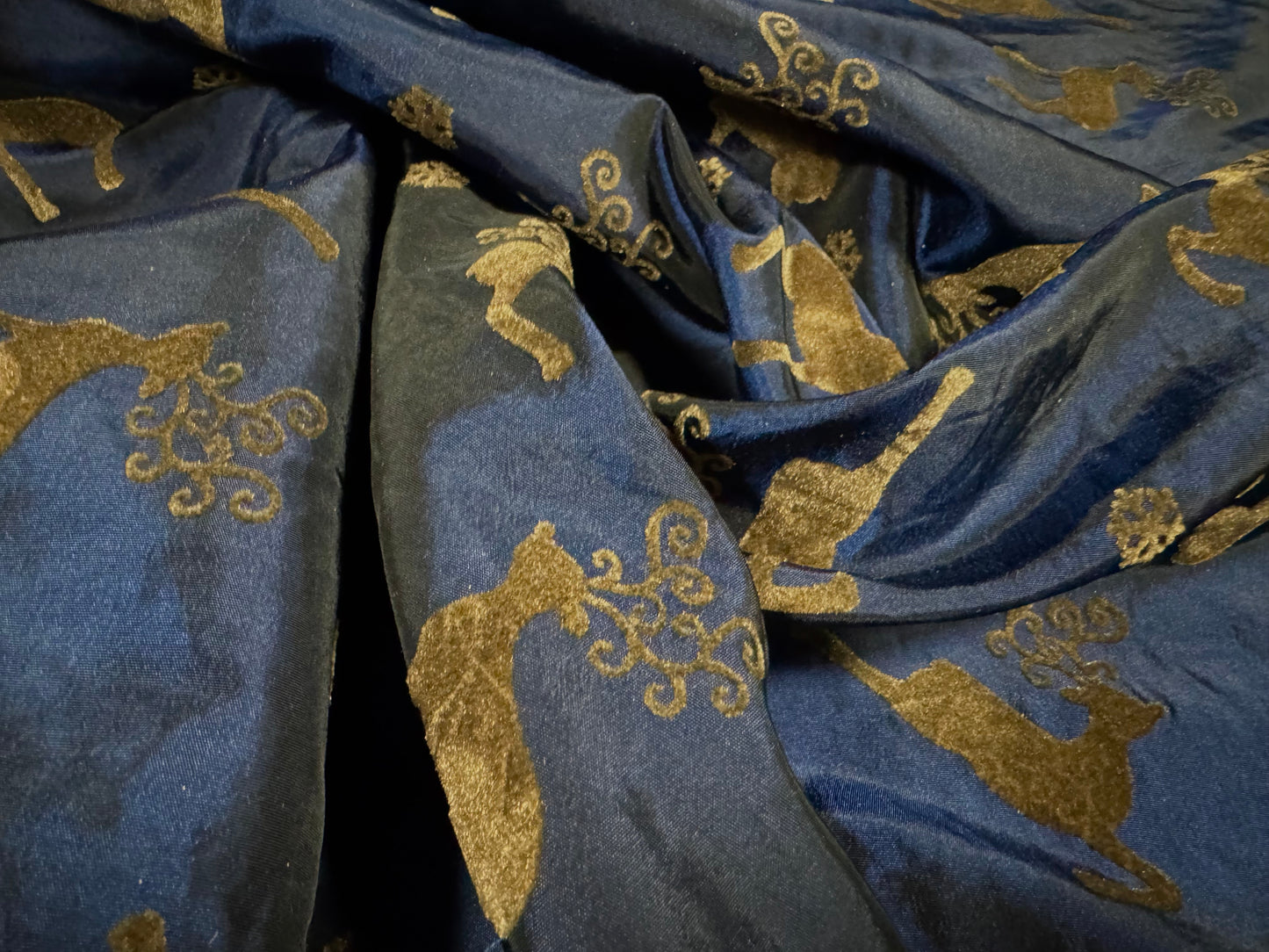 Taffeta faux silk fabric - flocked Highland Stag print - navy blue & brown