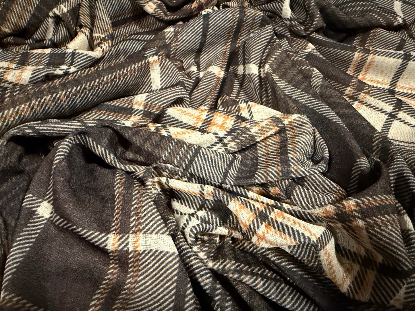 Thick & thin stretch spandex single jersey fashion fabric, per metre - tartan print - brown & cream