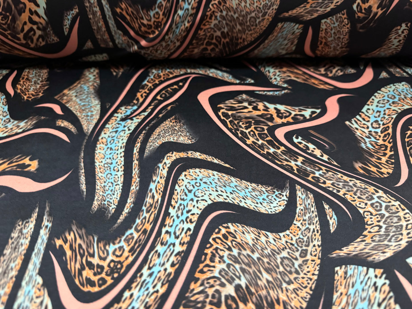 Soft touch stretch spandex single jersey fabric, per metre - leopardskin swirl print - black pink & aqua