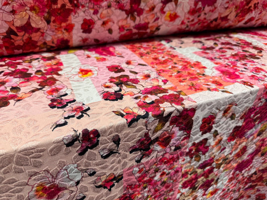 Stretch spandex jersey jacquard fabric, per metre - floral patchwork print - pink