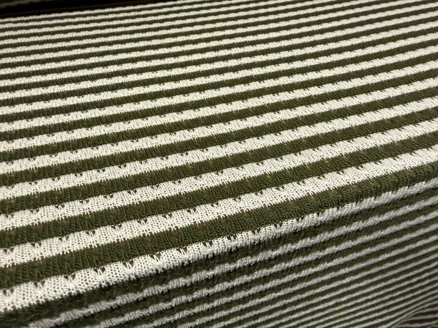 Crochet knit jersey fabric, per metre - stripe - khaki green & ivory