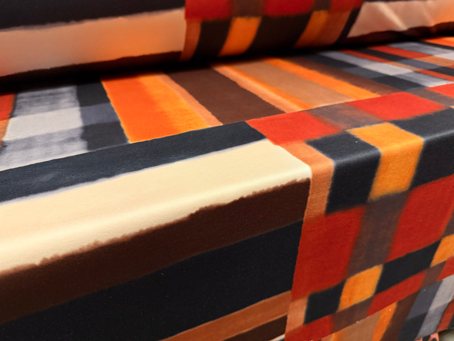 Scuba stretch spandex double jersey dress fabric, per metre - Mondrian geometric print - Earth Tones