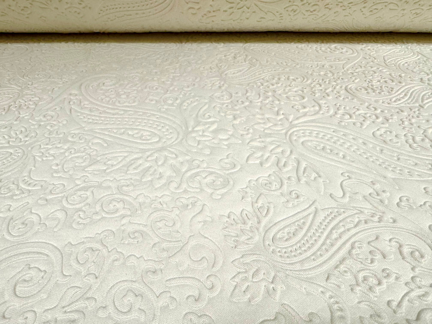 Embossed scuba stretch spandex double jersey fabric, per metre - paisley - ivory