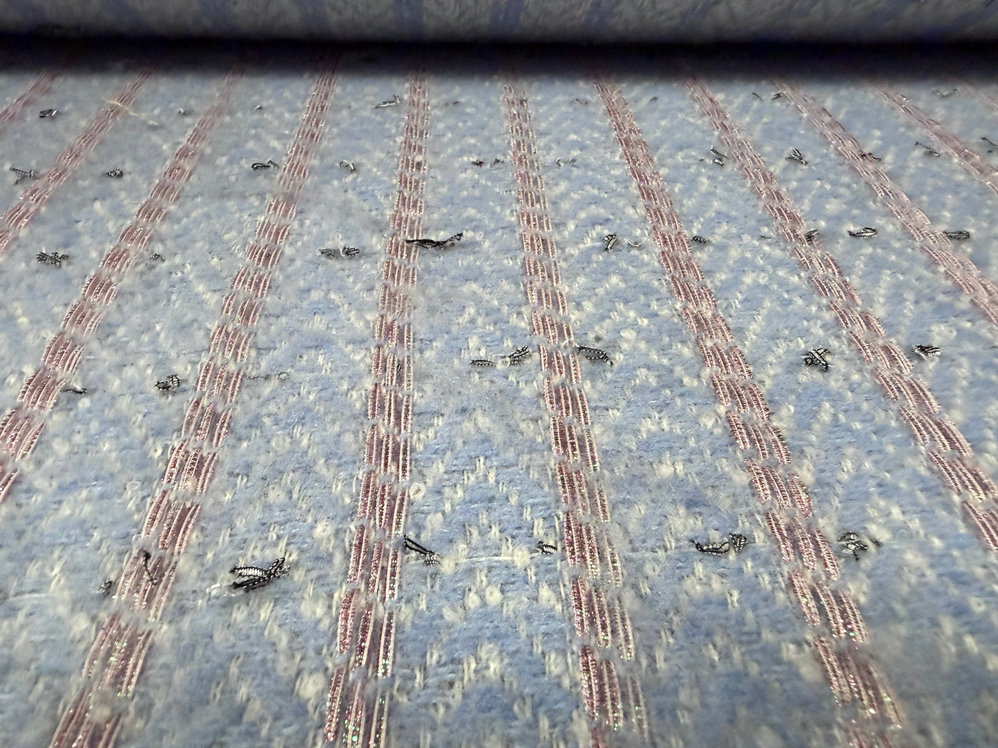 Heavyweight wool fabric, per metre - sky blue herringbone jaquard with rose gold embroidered stripe