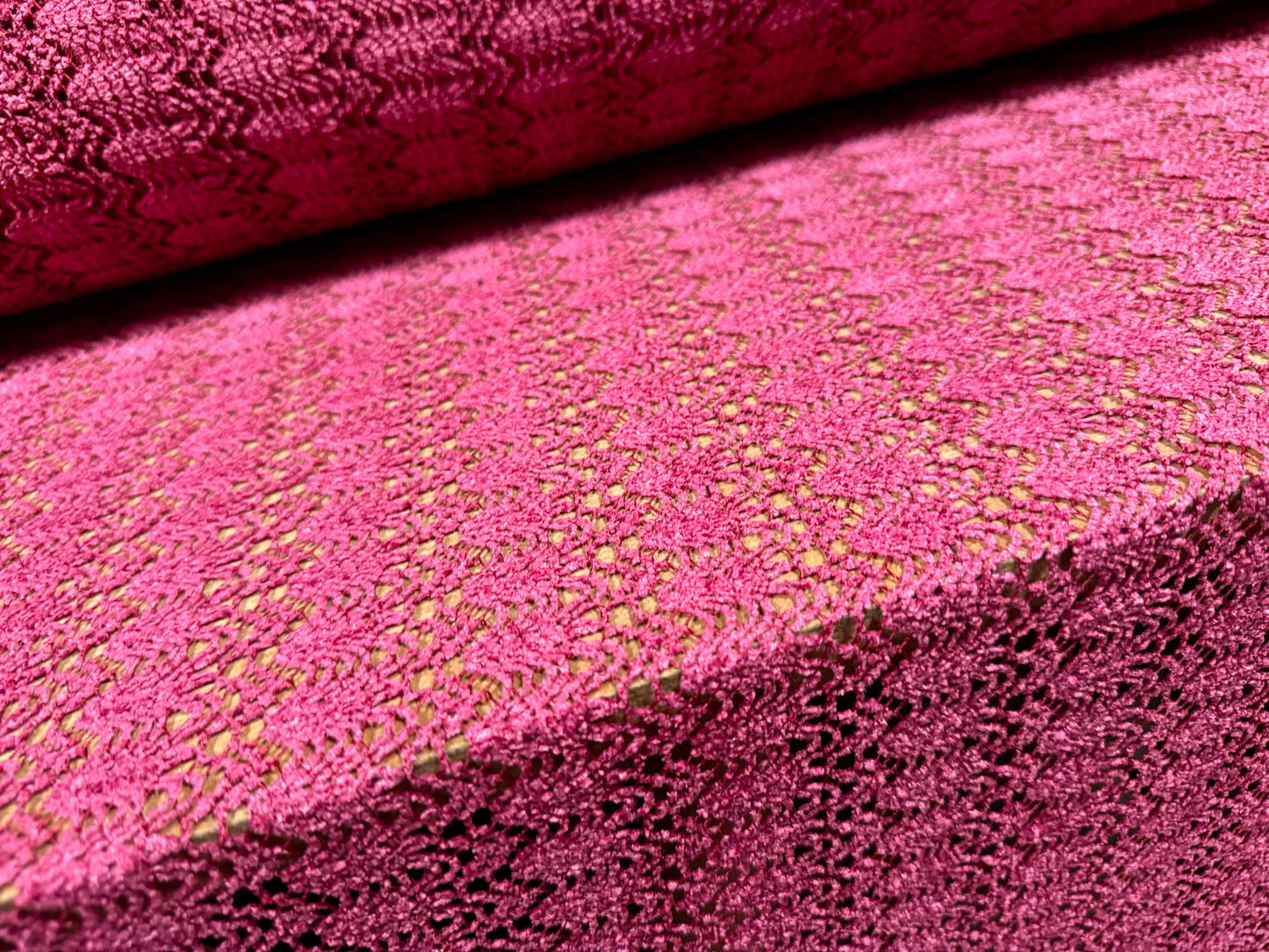 Crochet knit chenille fabric, per metre - abstract pattern - magenta