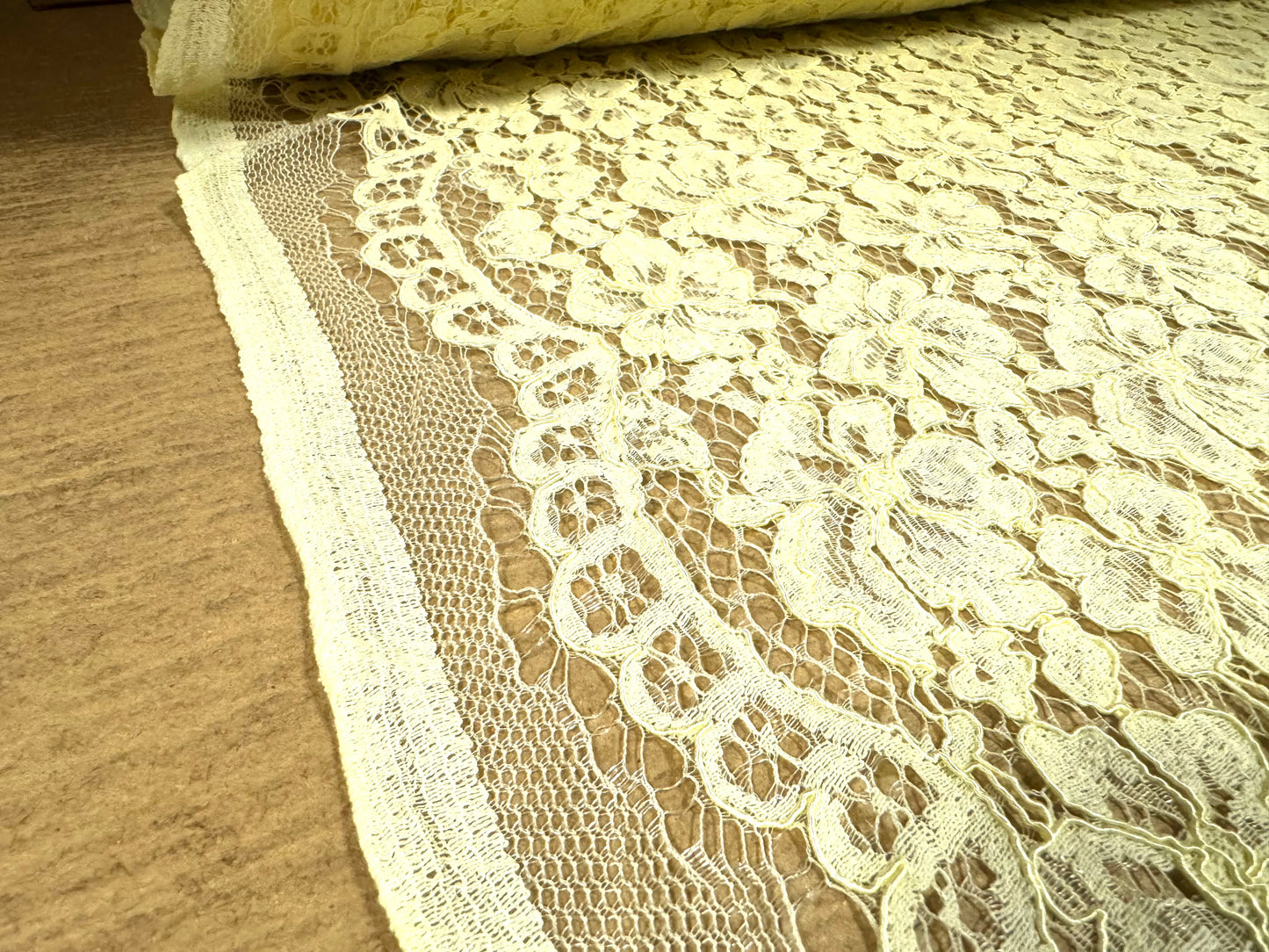 Heavy corded Alencon lace dress fabric with scalloped selvedge, per metre - floral - lemon
