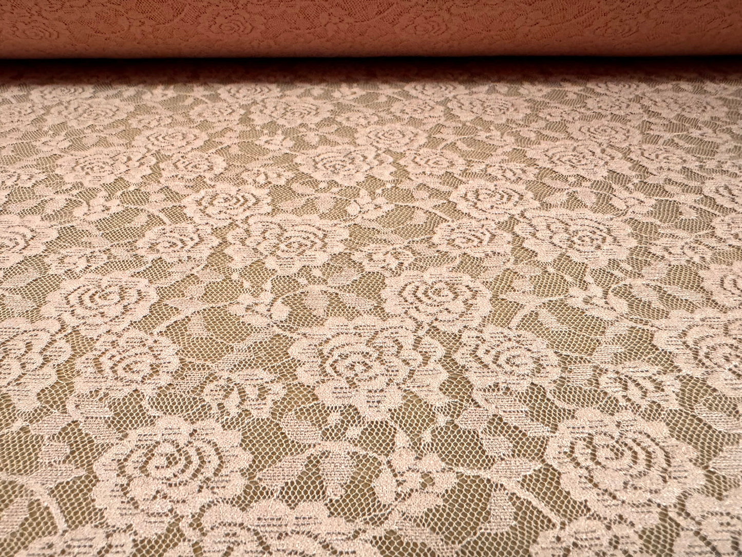 Stretch spandex lace fabric, per metre - rose pattern - pink