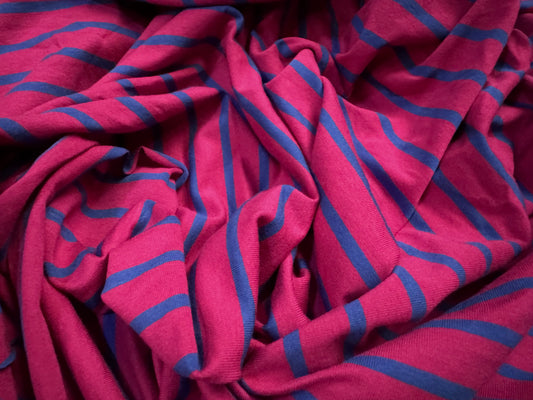 Viscose spandex stretch single jersey fabric, per metre - Breton stripe - fuchsia & blue