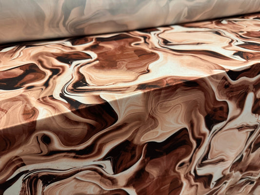 Soft touch stretch spandex jersey fabric, per metre - marbled print - brown