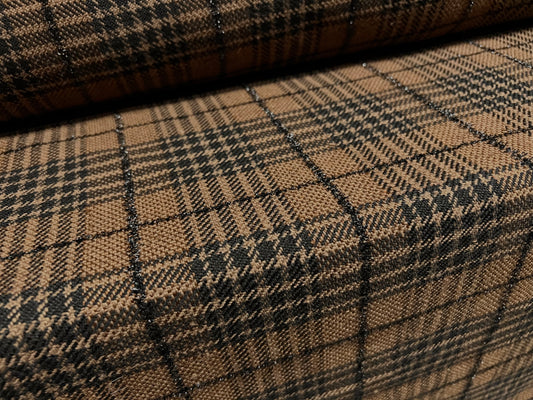 Metallic Wool jacquard woven fabric, per metre - lurex check - brown & black