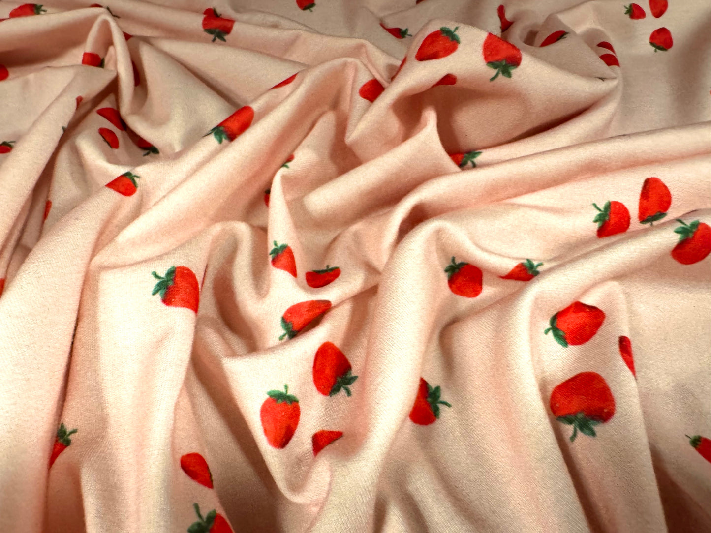 Stretch spandex interlock jersey fabric, per metre - strawberry print - pink