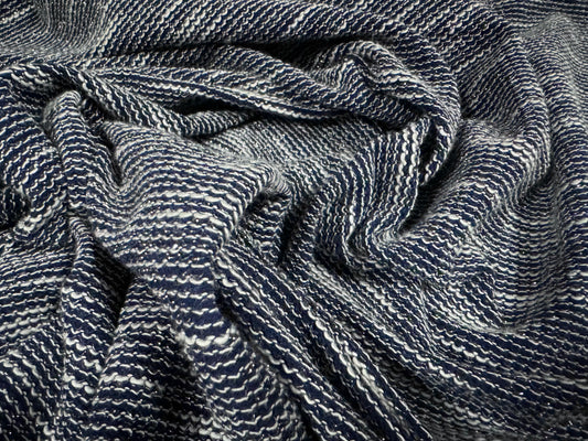 Metallic bouclé knitwear jersey fabric, per metre - dark blue & white slub with silver lurex