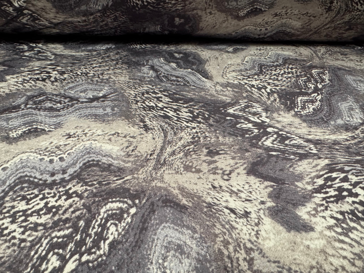 Soft touch stretch spandex single jersey fabric, per metre - abstract print - grey