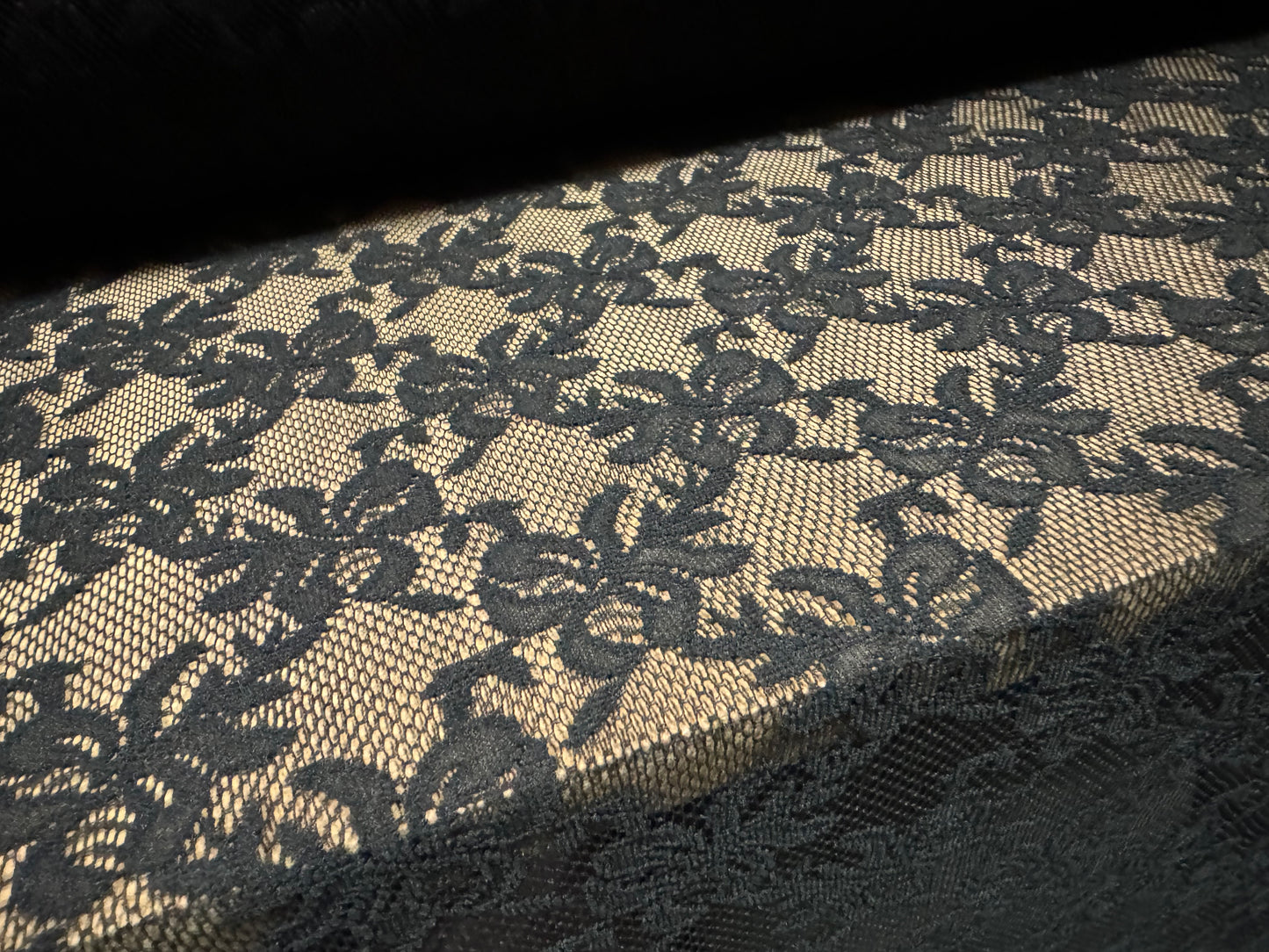 Lightweight mesh lace fabric, per metre - floral pattern - black