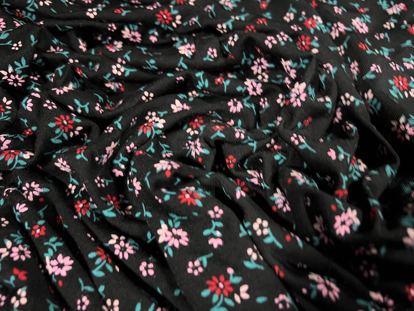 Viscose spandex stretch single jersey fabric, per metre - ditsy flower print - black & pink