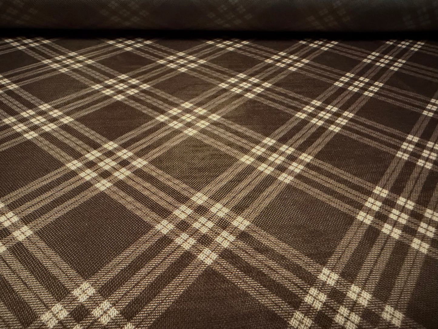 Power mesh net stretch spandex fabric, per metre - Argyle check print - dark brown & cream