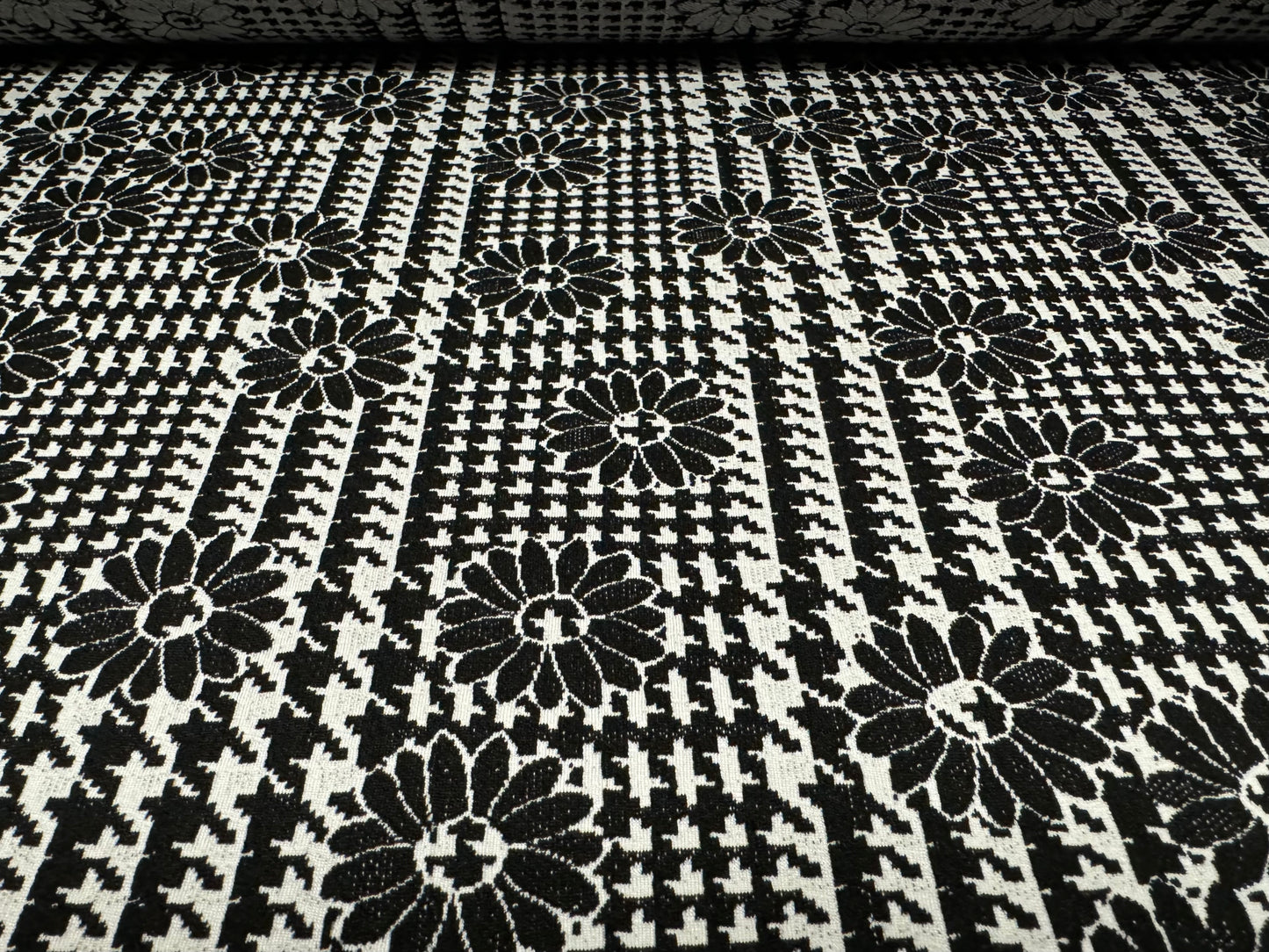 Double jersey stretch spandex dress fabric, per metre - daisy check jacquard - black & white