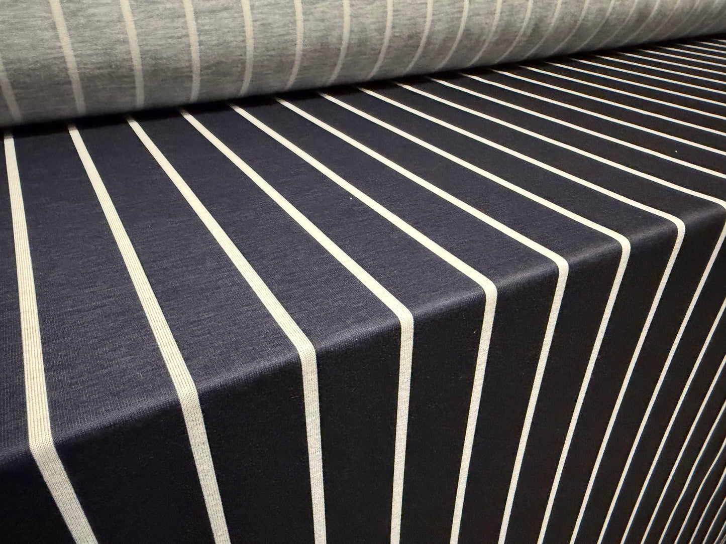 Soft handle stretch jersey fabric, per metre - butchers stripe print - navy & white