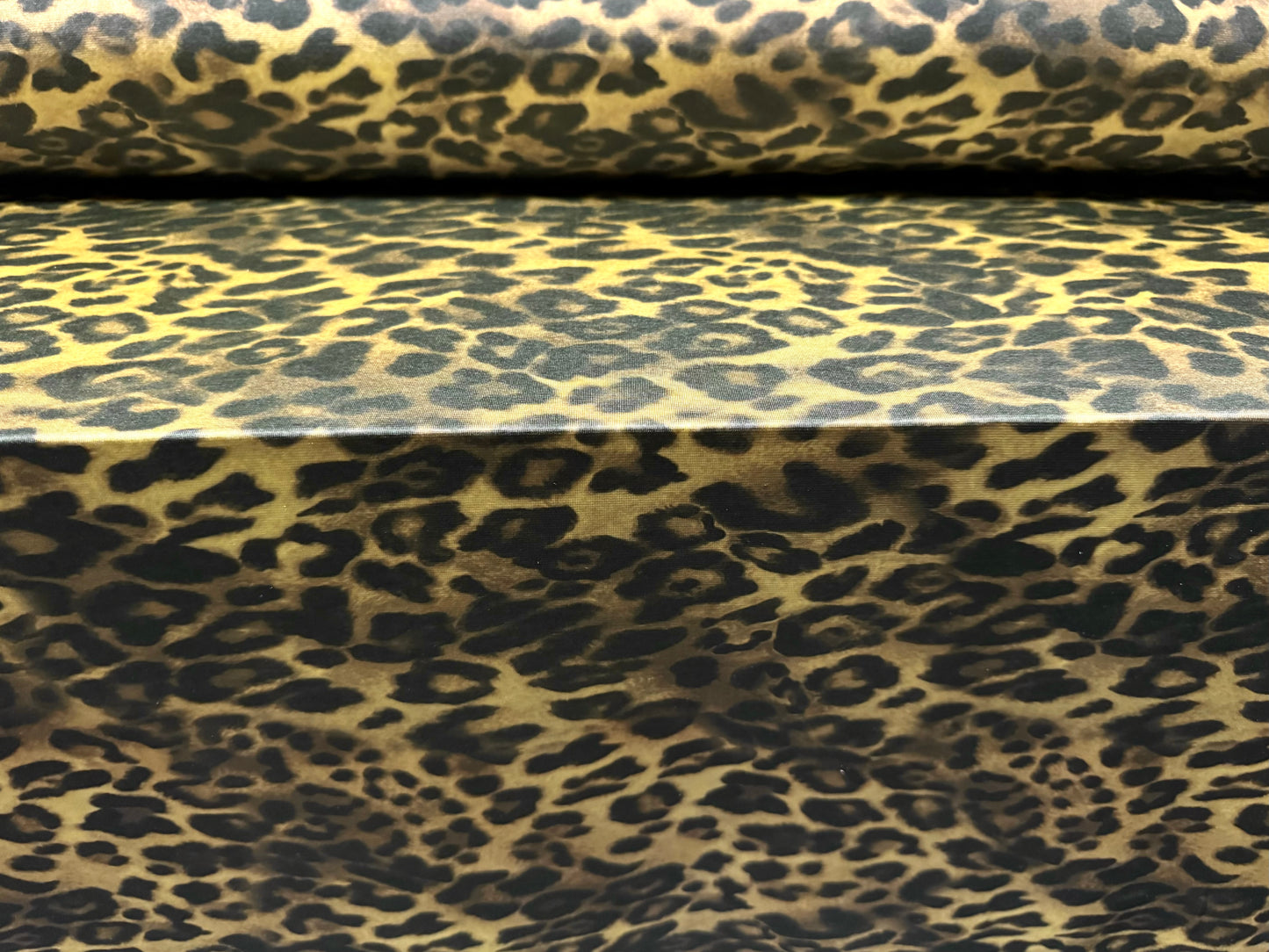 Soft touch stretch spandex single jersey fabric, per metre - leopard animal print - gold