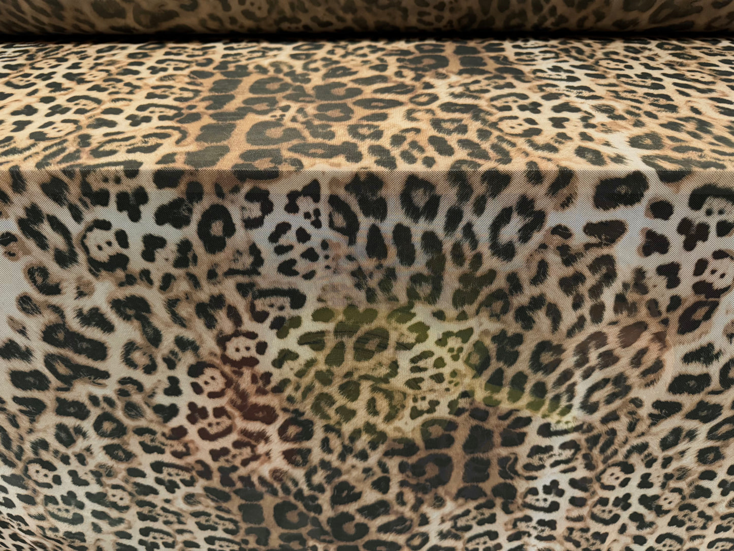 Power mesh net stretch spandex fabric, per metre - leopard animal print - stone & brown