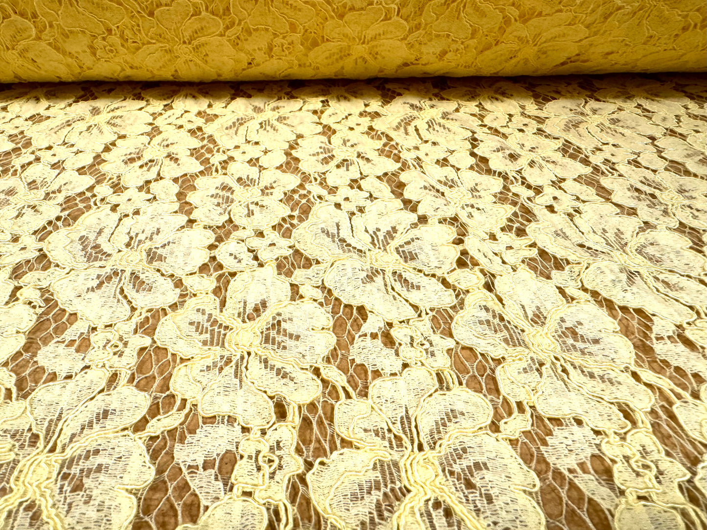 Heavy corded Alencon lace dress fabric with scalloped selvedge, per metre - floral - lemon