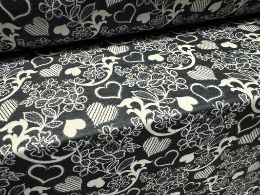 Soft handle stretch single jersey fashion fabric, per metre - love hearts & flowers print - monochrome