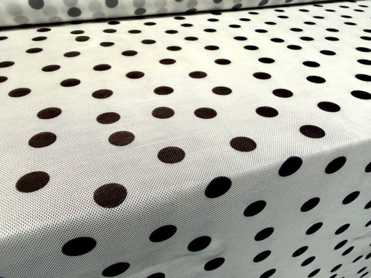 Power mesh net stretch spandex fabric, per metre - polka dot print - white & black