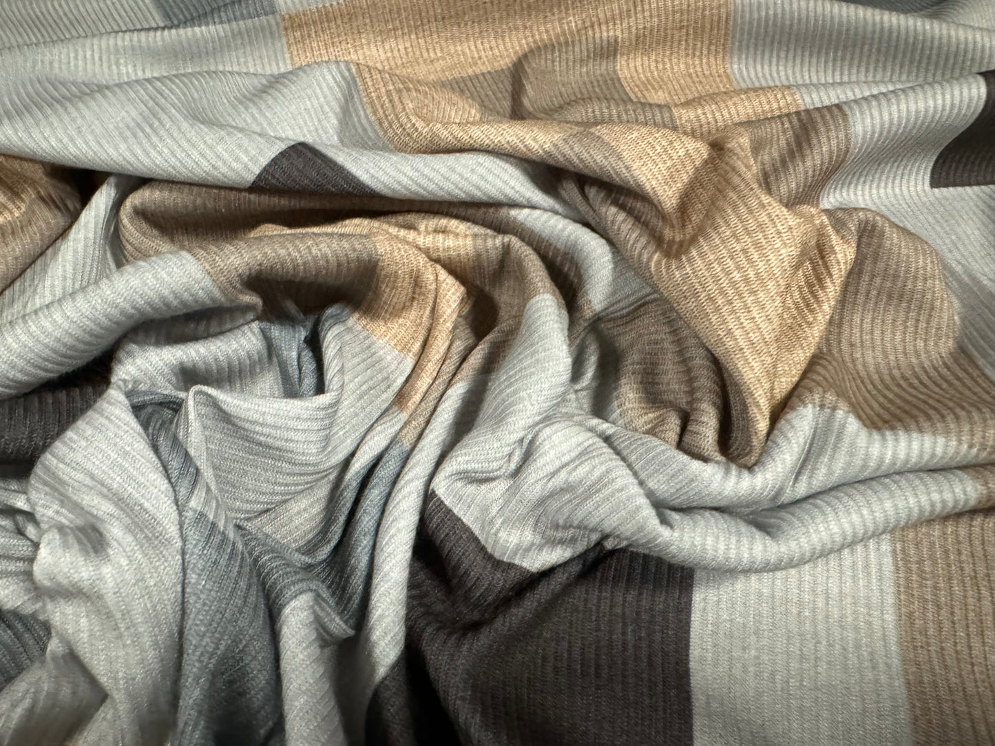 Soft handle ribbed jersey fabric, per metre - geometric print - grey & beige