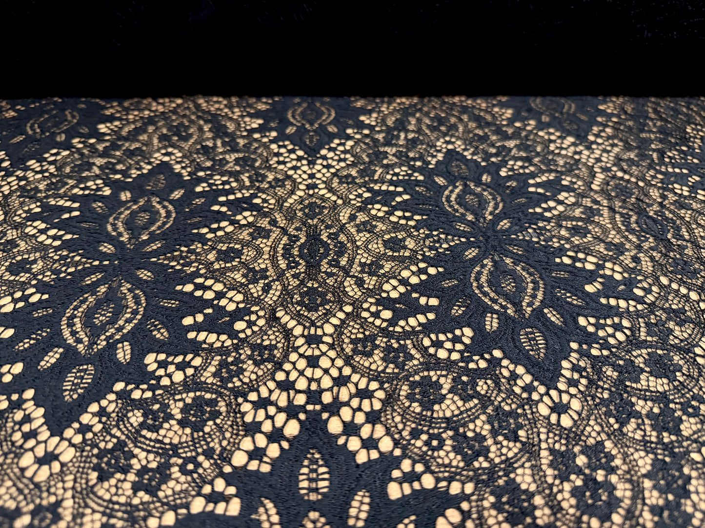Intricate lace fabric, per metre - mandala floral design - black