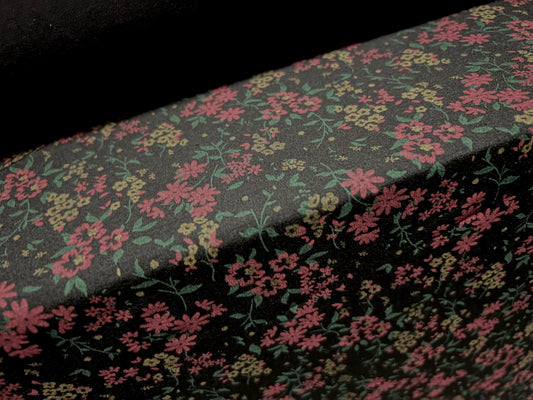 Viscose spandex stretch single jersey fabric, per metre - floral print - dark wine & black