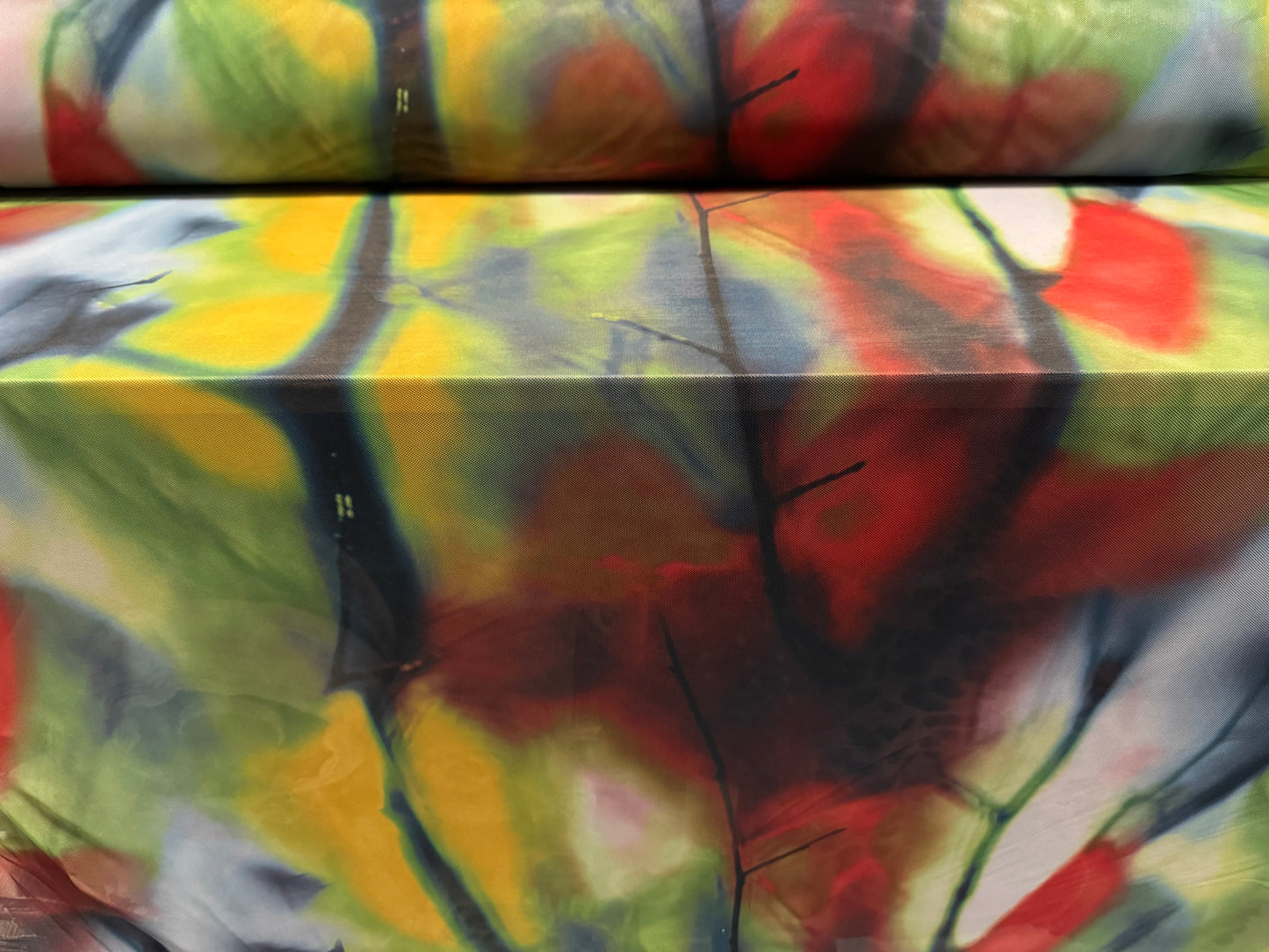 Power mesh net stretch spandex fabric, per metre - Mystic Forest print - multicolour