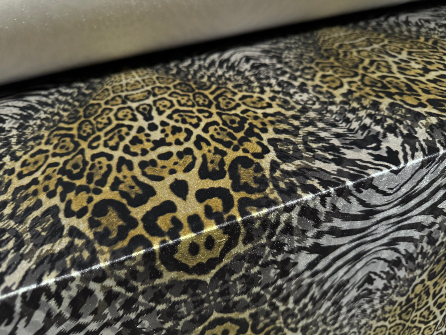 Spandex velvet stretch dress fabric, per mere - leopard safari print - taupe & gold