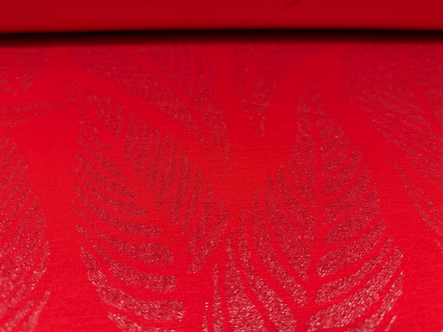 Metallic viscose spandex stretch jersey fabric, per metre - leaf print - red & silver