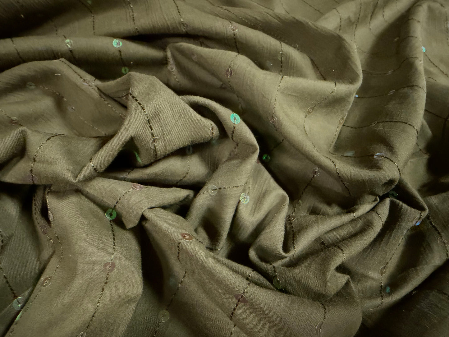 Lightweight cotton woven dress fabric, per metre - embroidered pinstripe with sequins - khaki