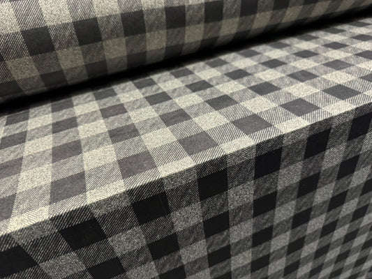 Soft touch stretch spandex single jersey fabric, per metre - buffalo check print - grey & straw